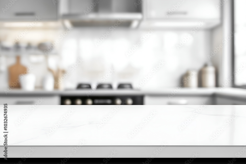 Wooden texture or white solid countertop or table top on blurred white kitchen background for product display, Design key visual layout, For showcase or montage items or food, Design mockup Wooden texture or white solid countertop or table top on blurred white kitchen background for product display, Design key visual layout, For showcase or montage items or food, Design mockup