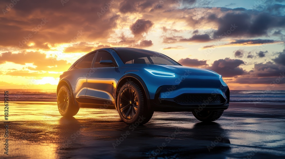 Blue compact SUV car with sport and modern design parked on concrete road by sea beach at sunset. New shiny SUV car drive for travel on summer vacations with road trip. Front view of electric car. Blue compact SUV car with sport and modern design parked on concrete road by sea beach at sunset. New shiny SUV car drive for travel on summer vacations with road trip. Front view of electric car.
