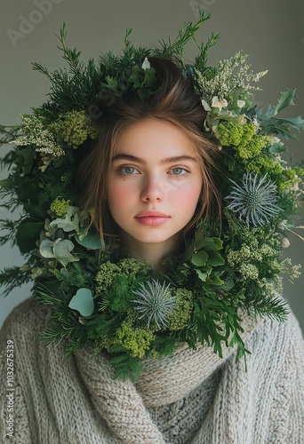Young woman adorned with greenery during a creative indoor photoshoot in a co...