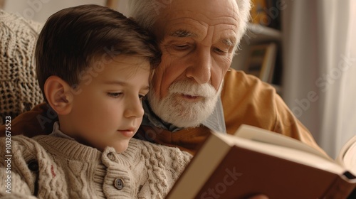 Calm and friendly grandfather reading with his grandchild on his lap. photo