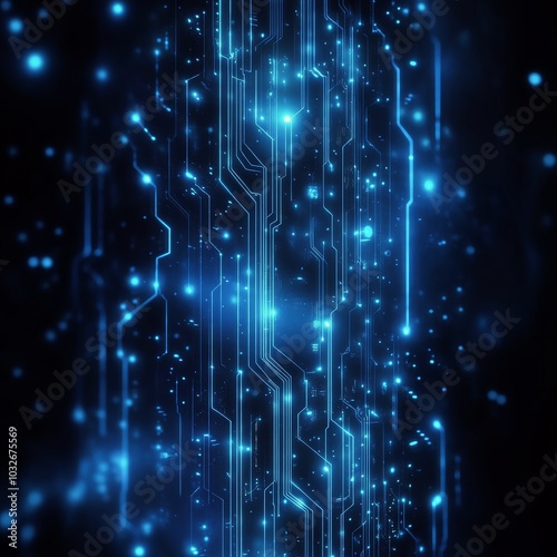 Vibrant blue digital circuit board with glowing connections and particles in ...