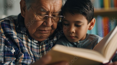 Calm and relaxed moment as a grandfather reads to his grandchild on his lap.