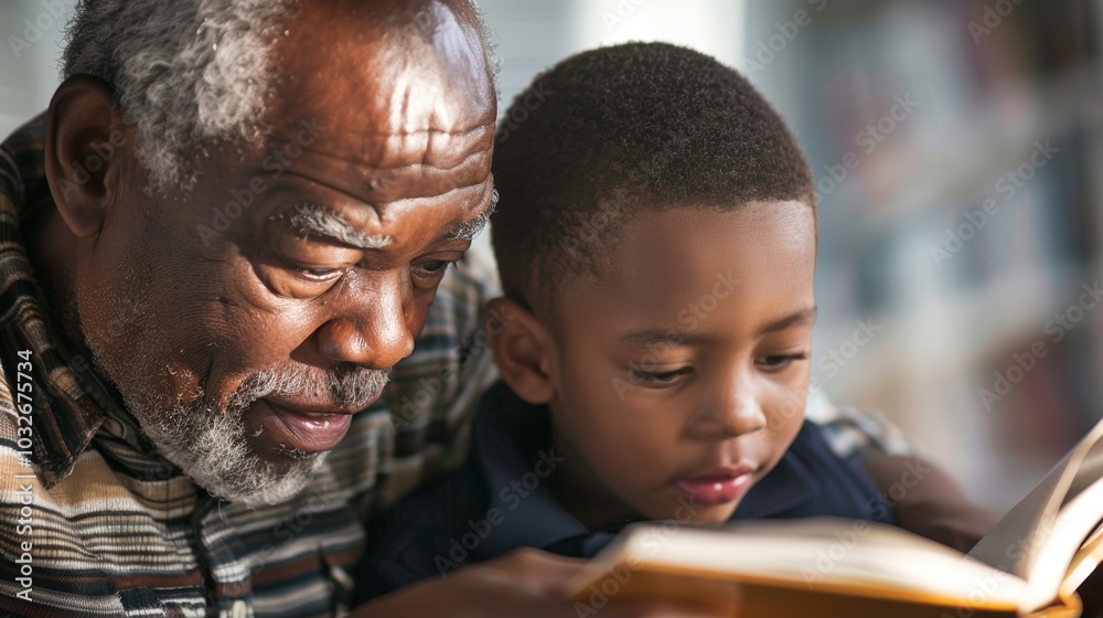Grandfather sharing a classic story with his grandchild, fostering a love for reading. Grandfather sharing a classic story with his grandchild, fostering a love for reading.