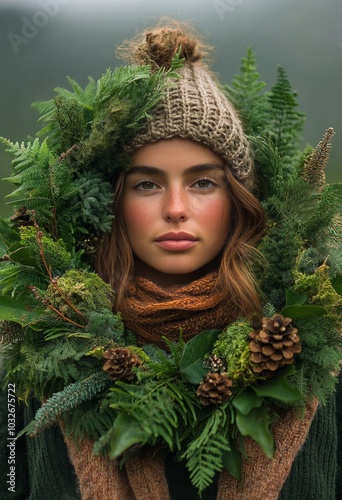 Young woman adorned with greenery during a creative indoor photoshoot in a co...