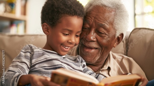 A serene moment of a grandfather and grandchild enjoying a book on a lazy afternoon.