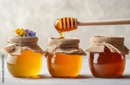 Delicious honey being drizzled from a wooden stick over glass jars in soft na...