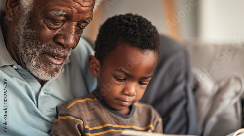 Grandfather reading with his grandchild, the room filled with laughter and joy.