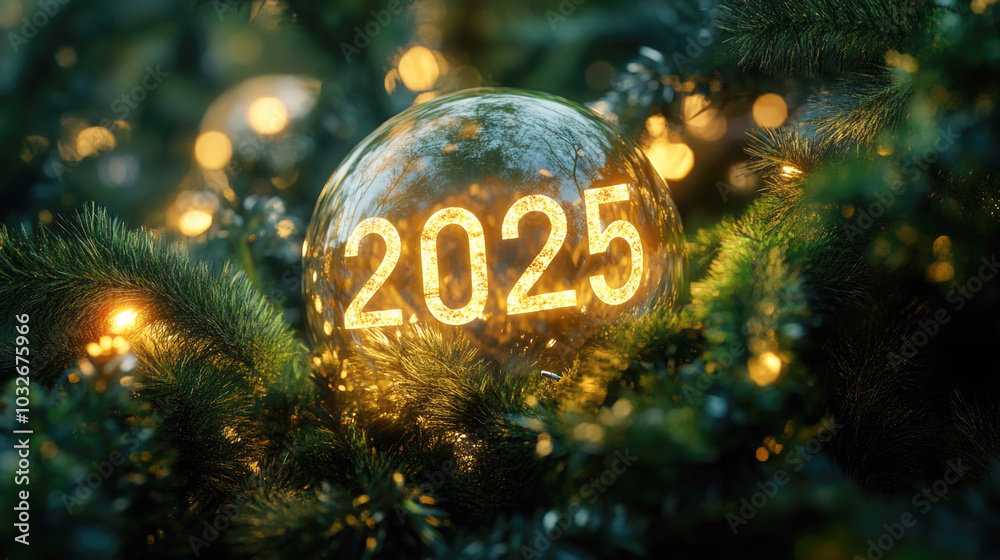 Glowing 2025 ornament in lush greenery with warm festive lights Glowing 2025 ornament in lush greenery with warm festive lights