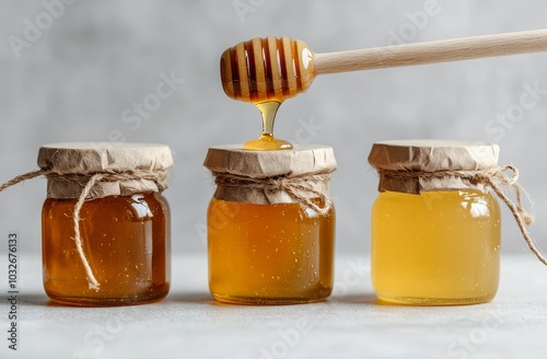 Delicious honey being drizzled from a wooden stick over glass jars in soft na...