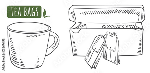 Tea set. Tea bag, tea box and cup. Vector outline sketch. Healthy lifestyle.