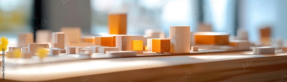 Architectural model displaying various building designs, soft lighting effect. Architectural model displaying various building designs, soft lighting effect.