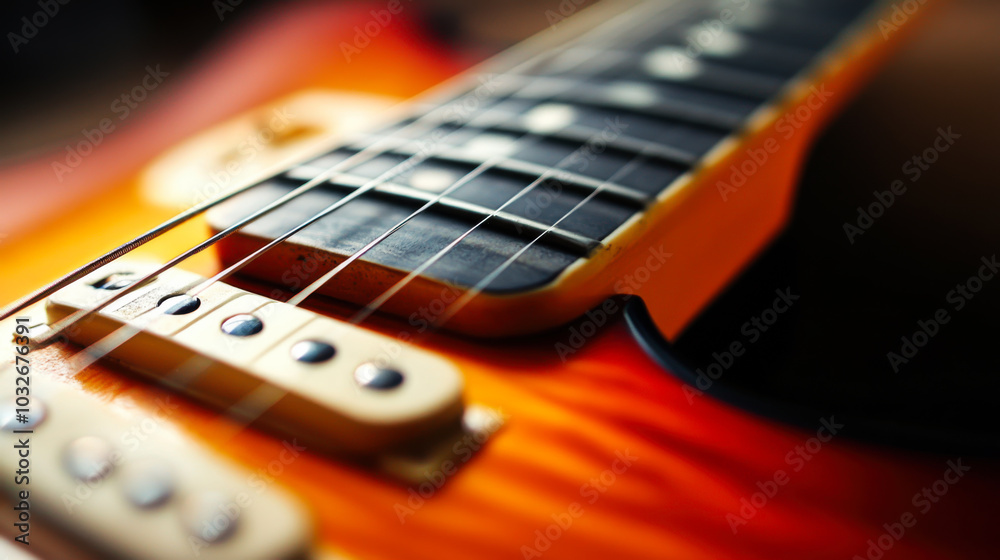 Fototapeta premium Close-up view of guitar strings and fretboard highlighting craftsmanship and detail during afternoon light in a cozy setting