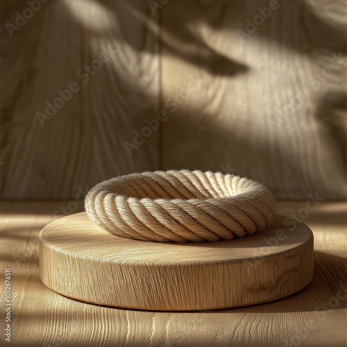 Wooden display with twisted rope on a circular stand, softly illuminated