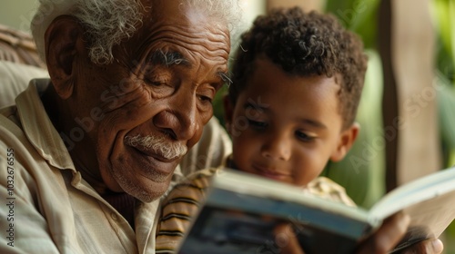 Horizontal portrait of a granddad reading a book to his attentive grandchild.