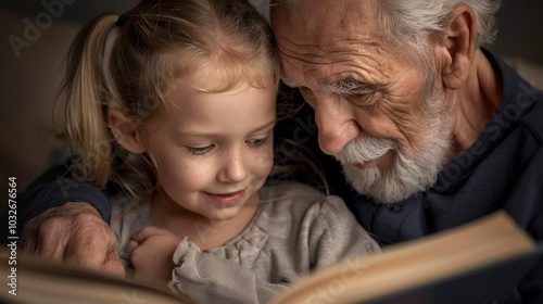 Grandfather with grandchild on his lap, sharing a warm storytime together. photo