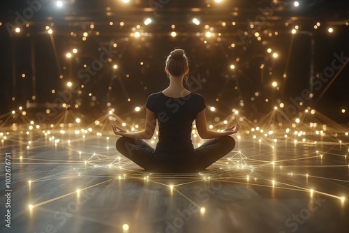 Woman meditating in a futuristic glowing space with light particles floating around symbolizing the merging of technology and mindfulness in a radiant surreal environment