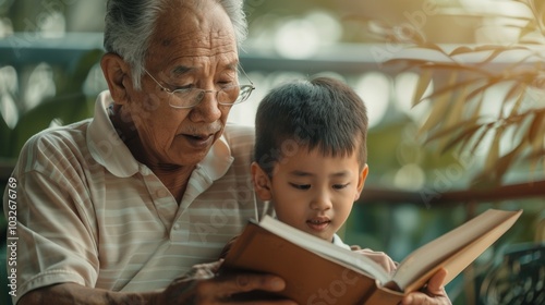 Heartwarming portrait of a grandparent reading aloud, creating a magical moment with his grandchild. photo