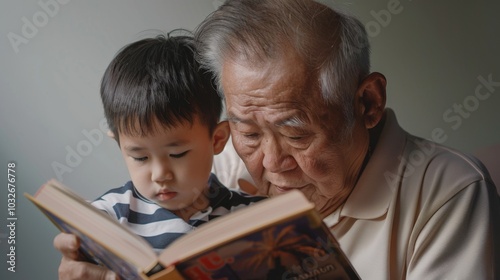 Grandfather and grandchild enjoying a quiet afternoon filled with stories and imagination. photo