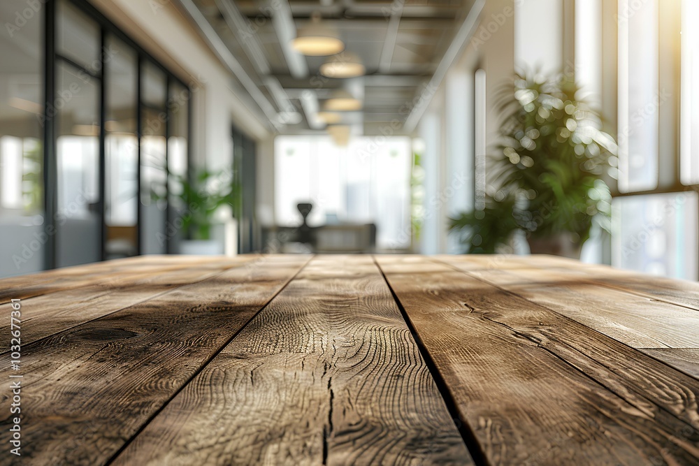 A wooden table with a potted plant in the background A wooden table with a potted plant in the background