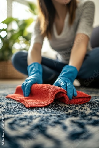 Person with blue gloves cleaning a carpet with a red cloth in a cozy indoor s...