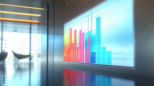 Colorful bar graphs displayed on a modern touch screen in a bright office.