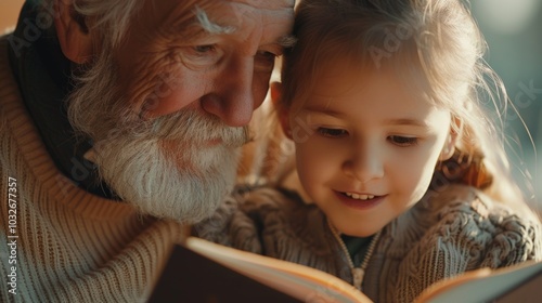 Horizontal view of a grandparent and grandchild bonding over a book in a cozy setting. photo