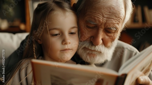 Warm and peaceful moment of a grandfather reading to his grandchild on his lap. photo