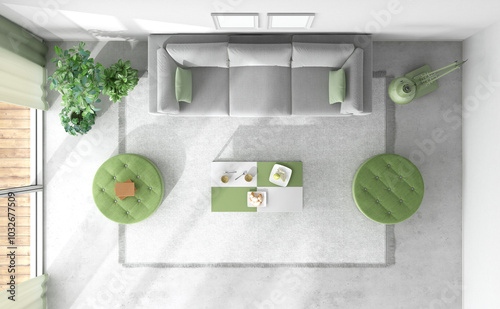 Modern living room seen from above with green furniture photo