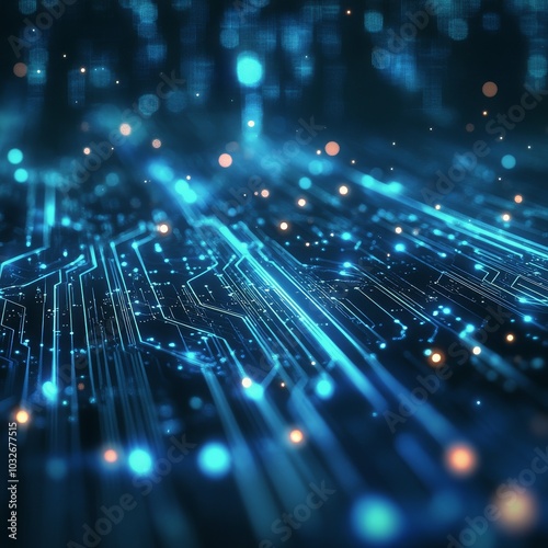 Vibrant blue digital circuit board with glowing connections and particles in ...