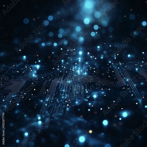 Vibrant blue digital circuit board with glowing connections and particles in ...