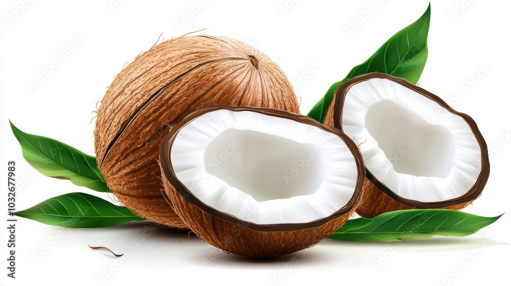 Coconut with half and leaves on white background Coconut with half and leaves on white background