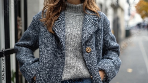 Casual urban fashion featuring a woman in a cozy sweater and stylish coat on ...