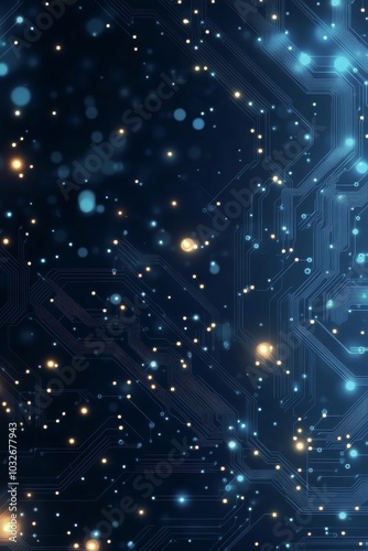 Abstract blue digital circuit pattern with glowing particles in a dark space ...
