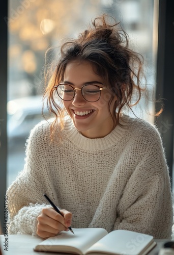 Young woman in cozy sweater writing in notebook by sunny window in a coffee shop