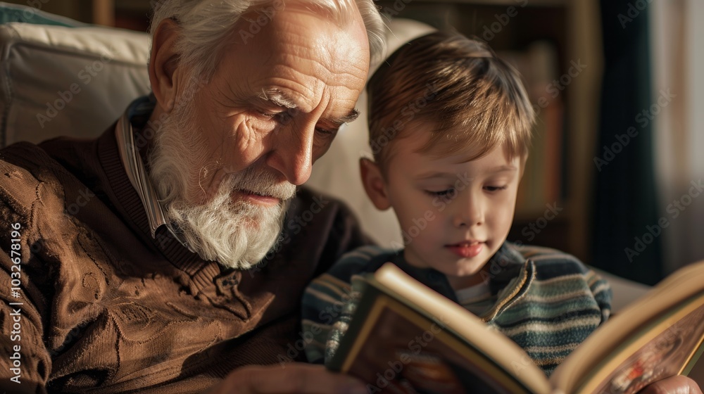 Grandfather and grandchild sharing a peaceful reading time, creating a warm family moment. Grandfather and grandchild sharing a peaceful reading time, creating a warm family moment.
