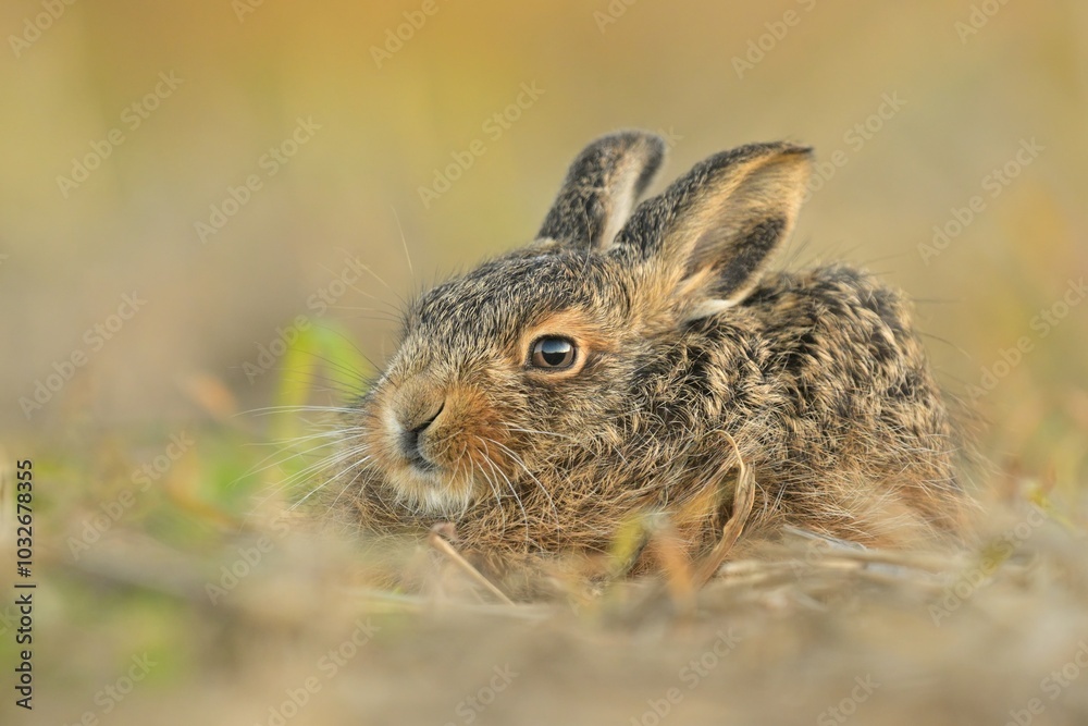 Fototapeta premium Lepus europaeus european hare cute darling young brown field meadow animal in nature, draw near village, runs fast, cubs beautiful eyes caress,, agricultural landscape, food crop harvest Europe