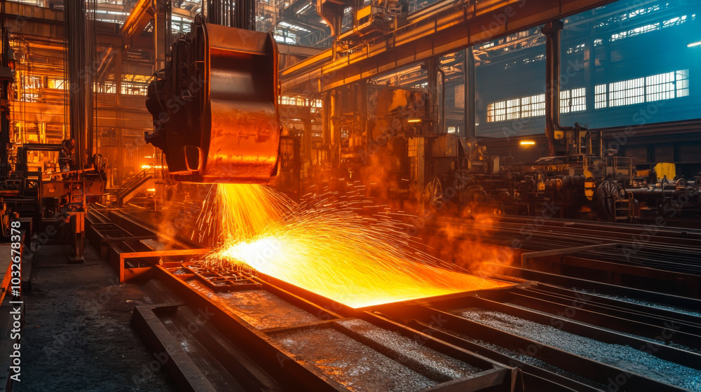 Molten metal pouring at a large industrial foundry during nighttime, showcasing the intense activity and glowing furnaces