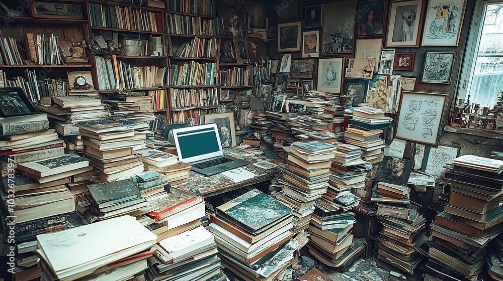 Cluttered library with books and a laptop. Cluttered library with books and a laptop.
