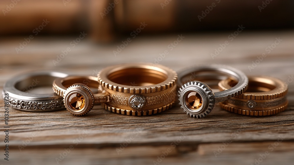 Collection of elegant rings on wooden surface. Collection of elegant rings on wooden surface.