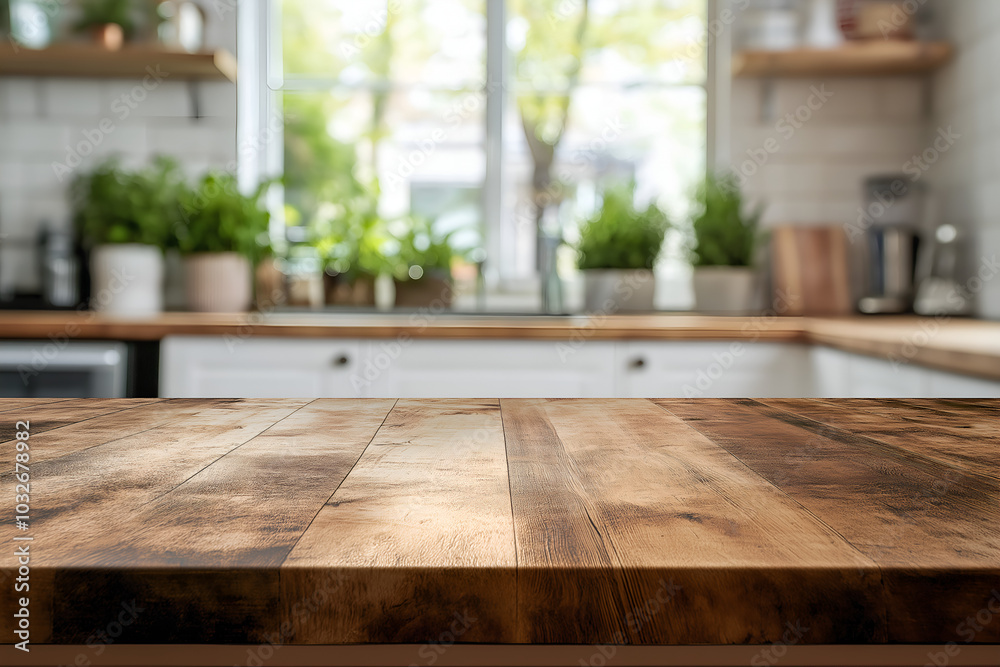 Wooden texture or white solid countertop or table top on blurred white kitchen background for product display, Design key visual layout, For showcase or montage items or food, Design mockup Wooden texture or white solid countertop or table top on blurred white kitchen background for product display, Design key visual layout, For showcase or montage items or food, Design mockup