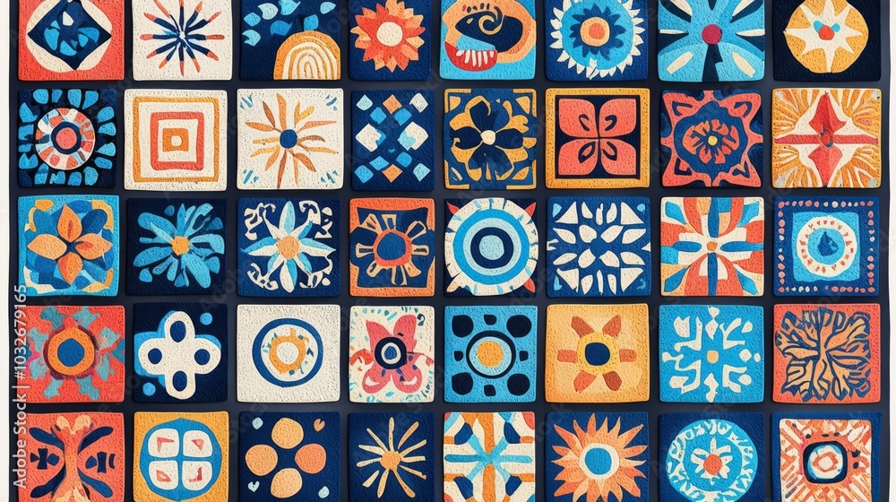 A vibrant collection of geometric tiles featuring colorful patterns, ideal for design, decoration, or art inspiration. A vibrant collection of geometric tiles featuring colorful patterns, ideal for design, decoration, or art inspiration.