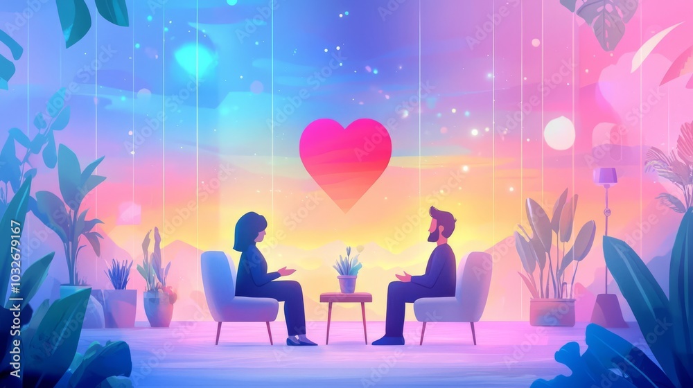 A serene scene of two people sharing a moment, with a glowing heart above and vibrant colors enhancing the atmosphere of connection. A serene scene of two people sharing a moment, with a glowing heart above and vibrant colors enhancing the atmosphere of connection.