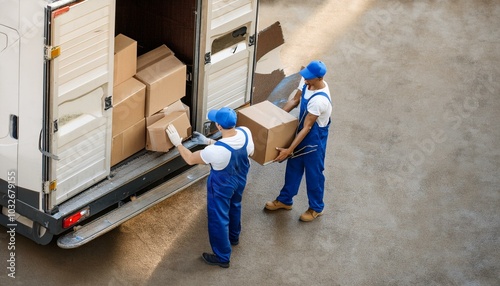 Male Movers Unloading The Cardboard Boxes Form Truck