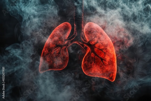 Human lungs surrounded by smoke on a dark background, symbolizing health and pollution.