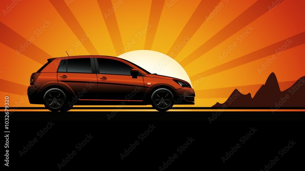 Minimalist outline of a car in motion on a road with landscape or city silhouette background Minimalist outline of a car in motion on a road with landscape or city silhouette background