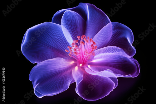 Violet flower petal made from purple neon glow light isolated on dark background