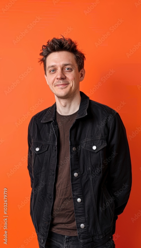 Playful and Confident Man in Black Jacket on Vibrant Orange Background for Print or Poster Design Playful and Confident Man in Black Jacket on Vibrant Orange Background for Print or Poster Design