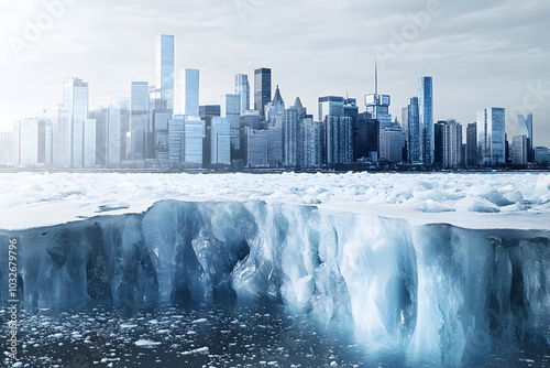 Melting glacier with a corporate city skyline in the background, visualizing climate change impact from industrial growth.