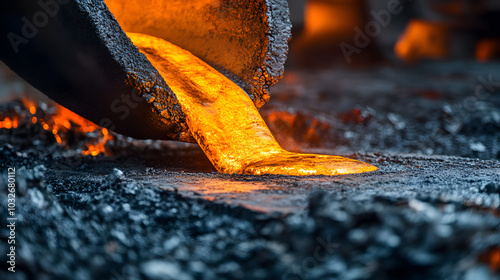 Molten metal being poured into a mold in a foundry, metal casting process, industrial production