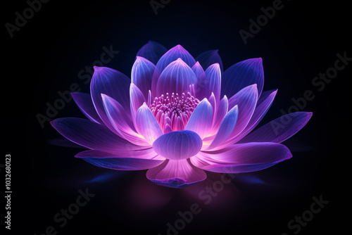 Water lily flower petal made from purple neon glow light isolated on dark background